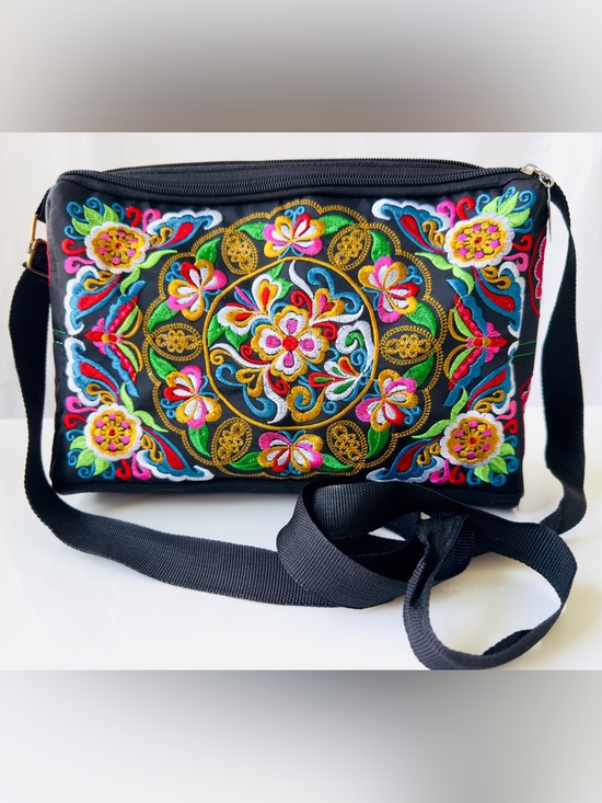 Handbags - Brand New, Never Used, Multi-Color, Embroidered 3 Compartment Crossbody Bag